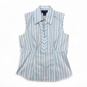 Y2K Vintage Ann Taylor Blue White Striped Sleeveless Blouse‎ 2 Collared Fitted